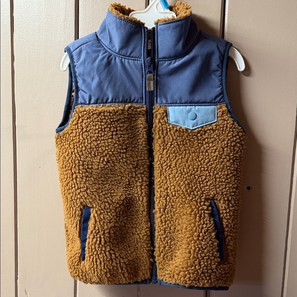 Carter's Blue and Brown Sherpa Vest boys zip sleeveless with pockets 5t